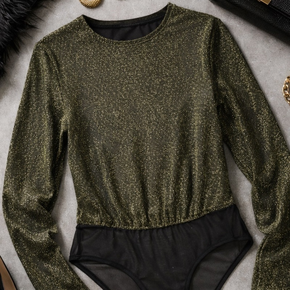 Vintage 80s Victoria’s Secret Gold Metallic Bodysuit Long Sleeve Disco Leotard
